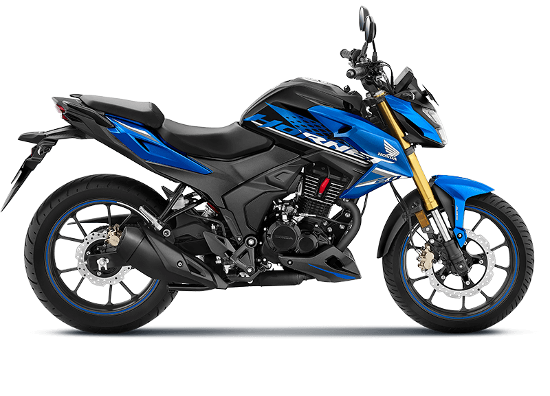 Honda Hornet 2.0 2026 màu xanh nhìn ngang với phuộc USD vàng và thiết kế naked bike